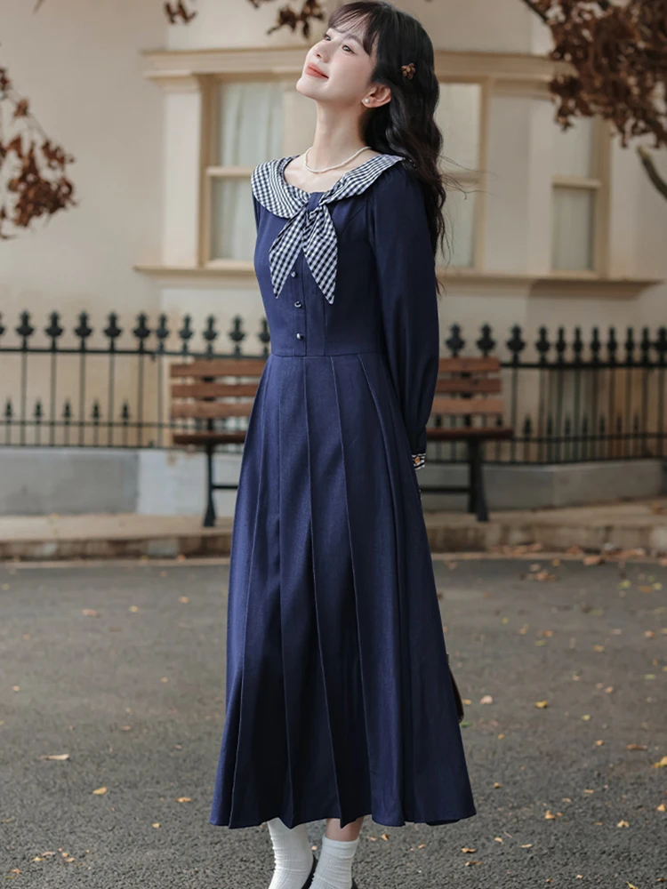 Outono azul chique xadrez arco boneca colarinho plissado vestido longo feminino coreano elegante bodycon vestido 2025 vintage vestidos de festa de luxo