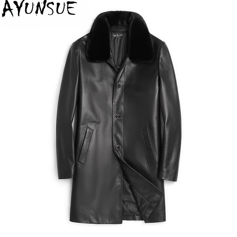 

AYUNSUE Real Sheepskin Leather Trench Coat Men 2025 High Quality Mink Fur Collar Genuine Leather Jackets Man Mulberry Silk Liner