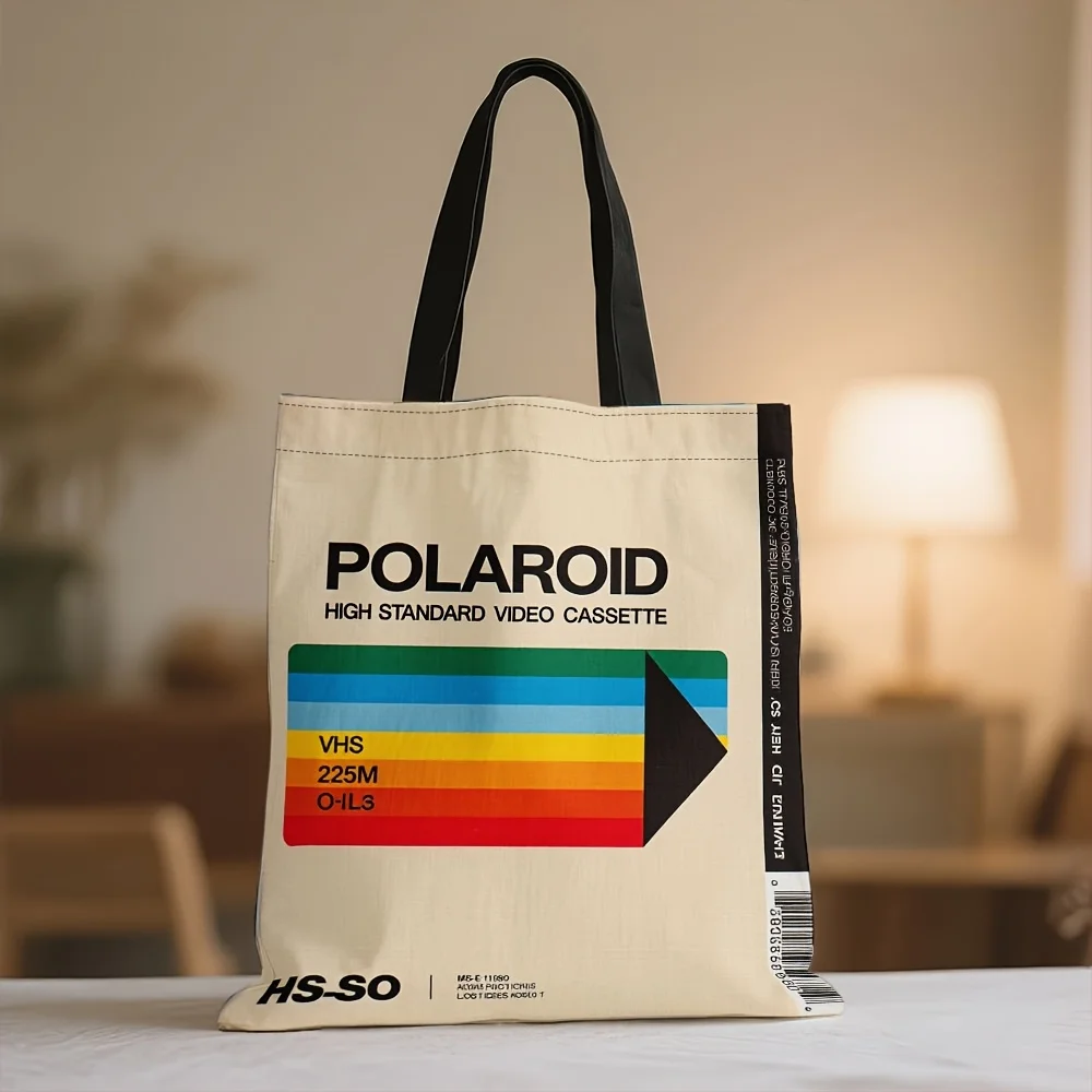 1 Stück Retro-Einkaufstasche mit VHS-Polaroid-Muster – robuste, wiederverwendbare Einkaufstasche aus Polyester, zum Einkaufen, für den Freizeitgebrauch – Ostern, Ramadan – Detail 4