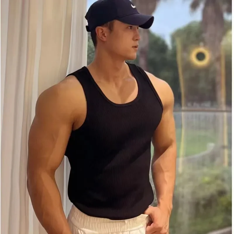 Men's Fitness Vest Cotton Breathable Vertical Striped Sleeveless Tops Solid Color Sports Casual Tank Gym Muscular Men Clothes