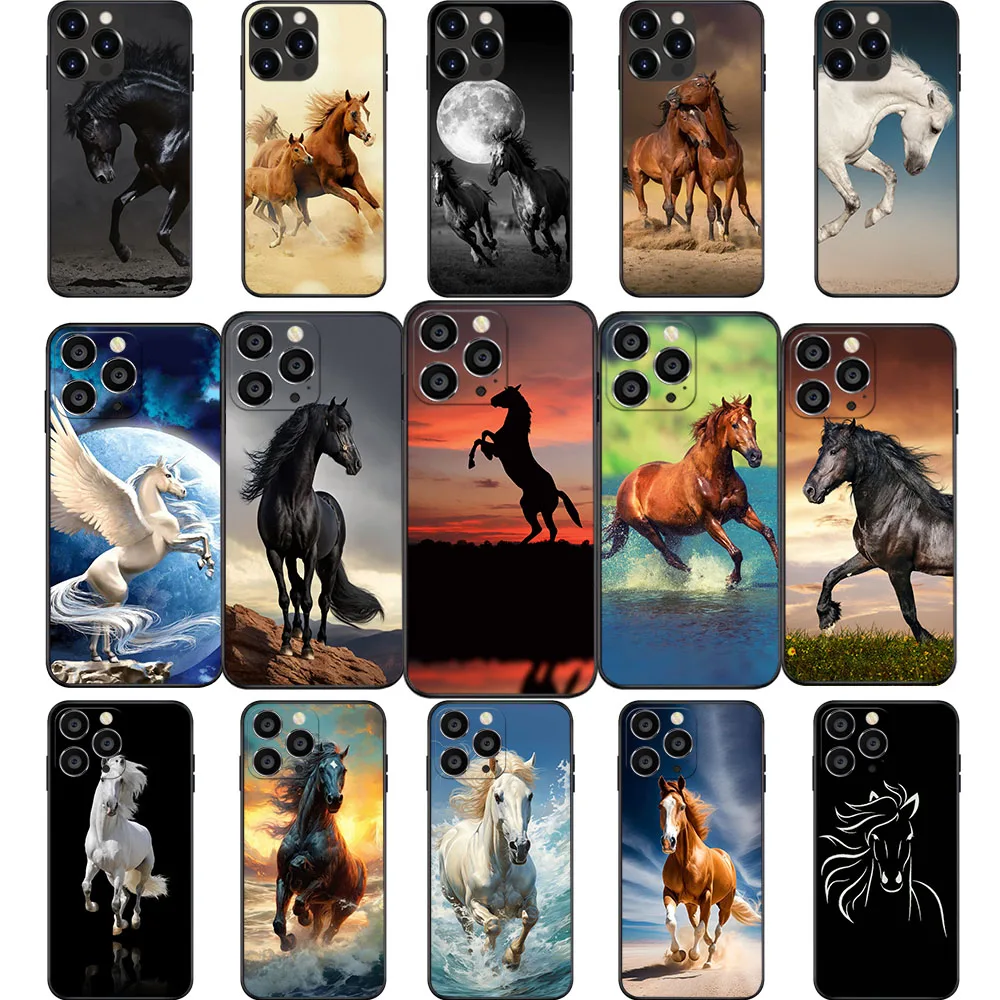 AK-32 Running Horses Animal Soft Case For iPhone 15 14 13 12 11 Mini Max Pro Plus