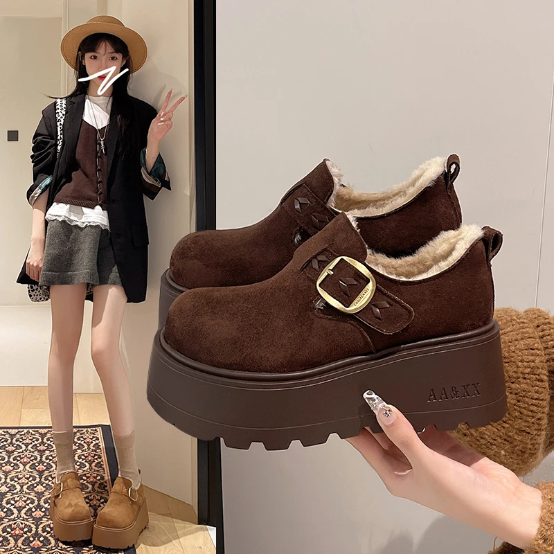 

Женские зимние повседневные туфли на плоской подошве с пряжкой и ремешком, с круглым носком, однотонные женские туфли из флока на платформе с квадратной пряжкой, большие размеры