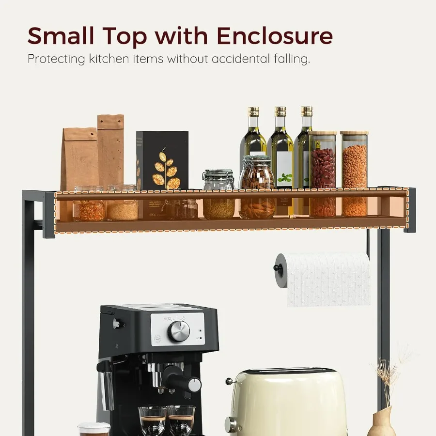 رف الخبازين مع حامل ميكروويف بمنفذ طاقة مع حامل ورق رف الخبازين مع محطة تخزين القهوة مع 6 خطافات لكي