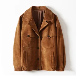 Veste en cuir d'agneau pour femme, manteau à revers en daim, style rétro, automne et hiver, nouveau, 2024, E61