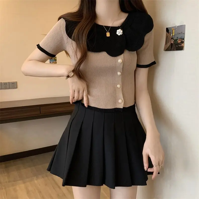 

Summer New Contrast Slim Short Korean T Shirts Short Sleeve Solid Color Patchwork Sweet Tops Tees Fashion Casual Women Clothing