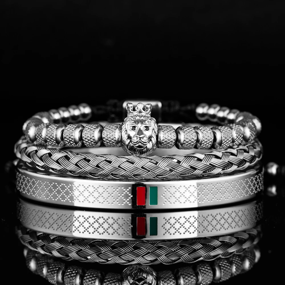 Luxury Enamel Green Red Bracelet Lion's head with Royal Crown Charm Men Stainless Steel GeometryOpen Adjustable Couple Jewelry