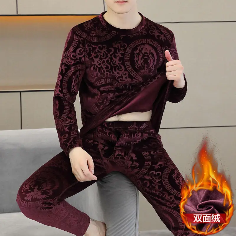 남성용 보온 내의 양면 플리스 세트 겨울 청소년용 플리스 두꺼운 롱존 방한 크루넥 이너웨어 세트