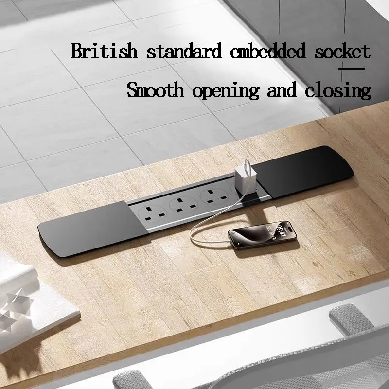 UK US Desktop Embedded Power Strip, Universal Office Desk Sliding Cover Embedded 4-Port Socket With USB Type-c Charging Socket