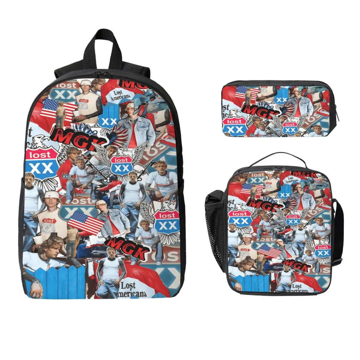 MGK Lost Americana Tour merch Backpack Set for Kids Pencil Boxes Bookbag Sets with Lunch Box For School Students Daypack