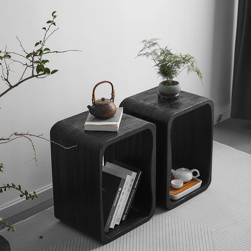 

Solid Wood Combined Nightstand Wabi-Sabi Sofa Side Table Minimalist Bedroom Shelf Multi-Functional End Table for Living Room
