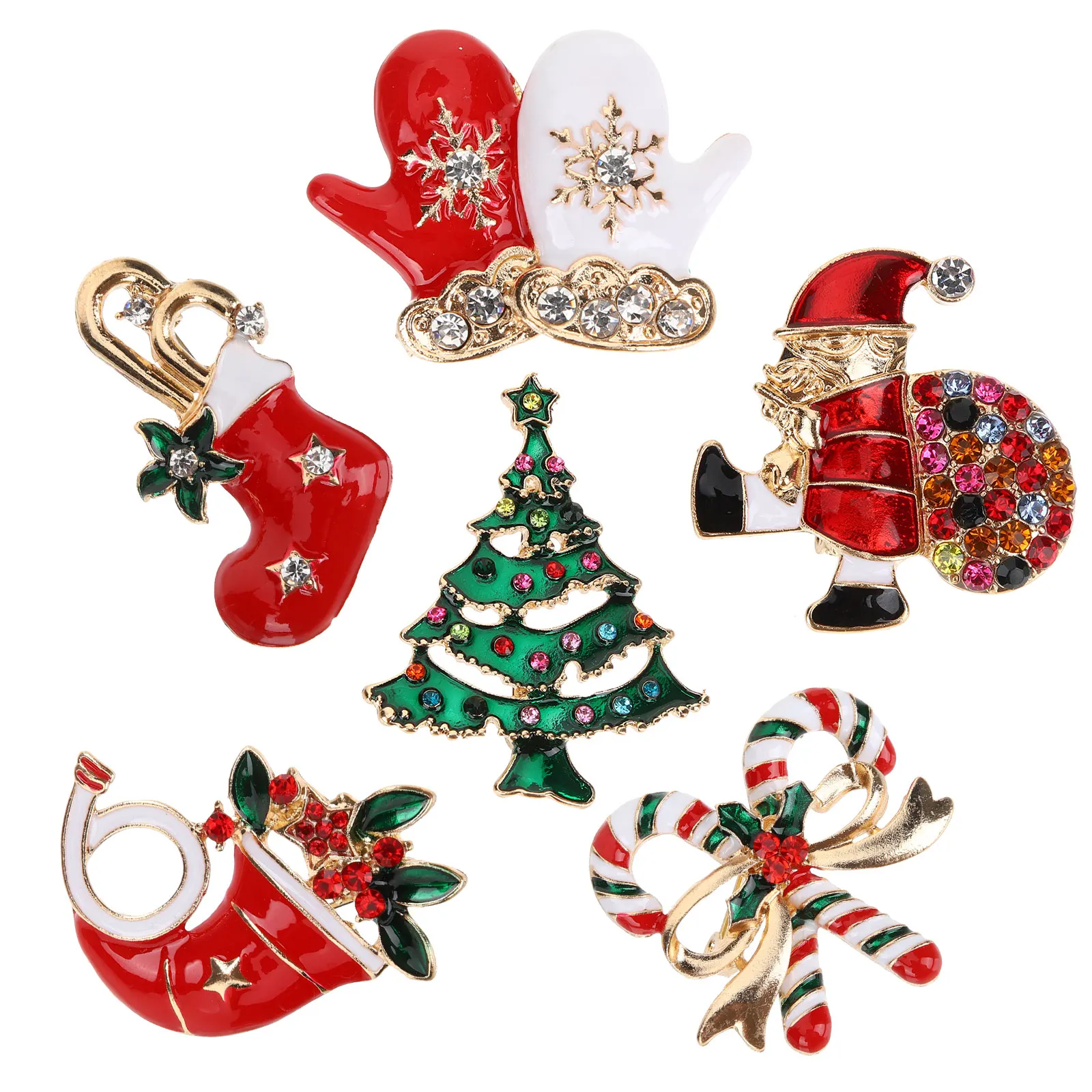 

6pcs Christmas Brooch Pins Set Rhinestone Lapel Pin For Women Clothes Hat Scarf Holiday Party Accessory