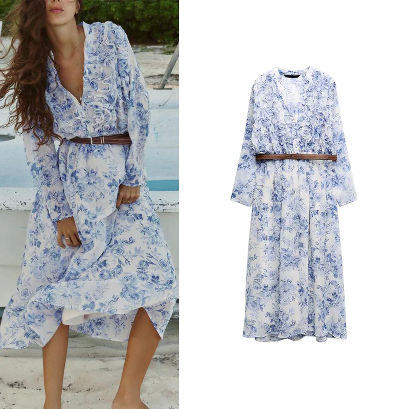 Spring Summer New Sle Vaion Print Long Sve V-Ne Belted Layered Decorative Dr High Waist Lantern Sve Maxi Dr