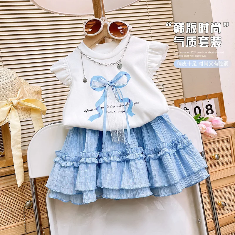 

2025Girls' Fashion Set Summer New Bowknot Flutter SleevesTT-shirt+Skirt Two-Piece Suit