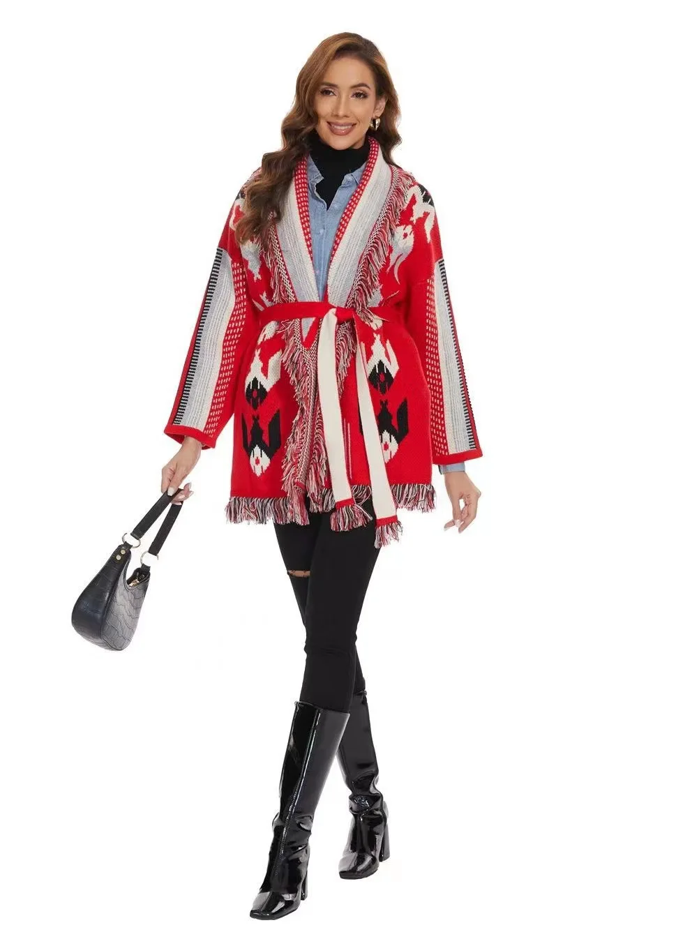 Fashion BOHO Bohemian Winter Women\'s  Jacquard Pattern Belted Oversize Cardigan With Tassel Red Sweater Female Coat