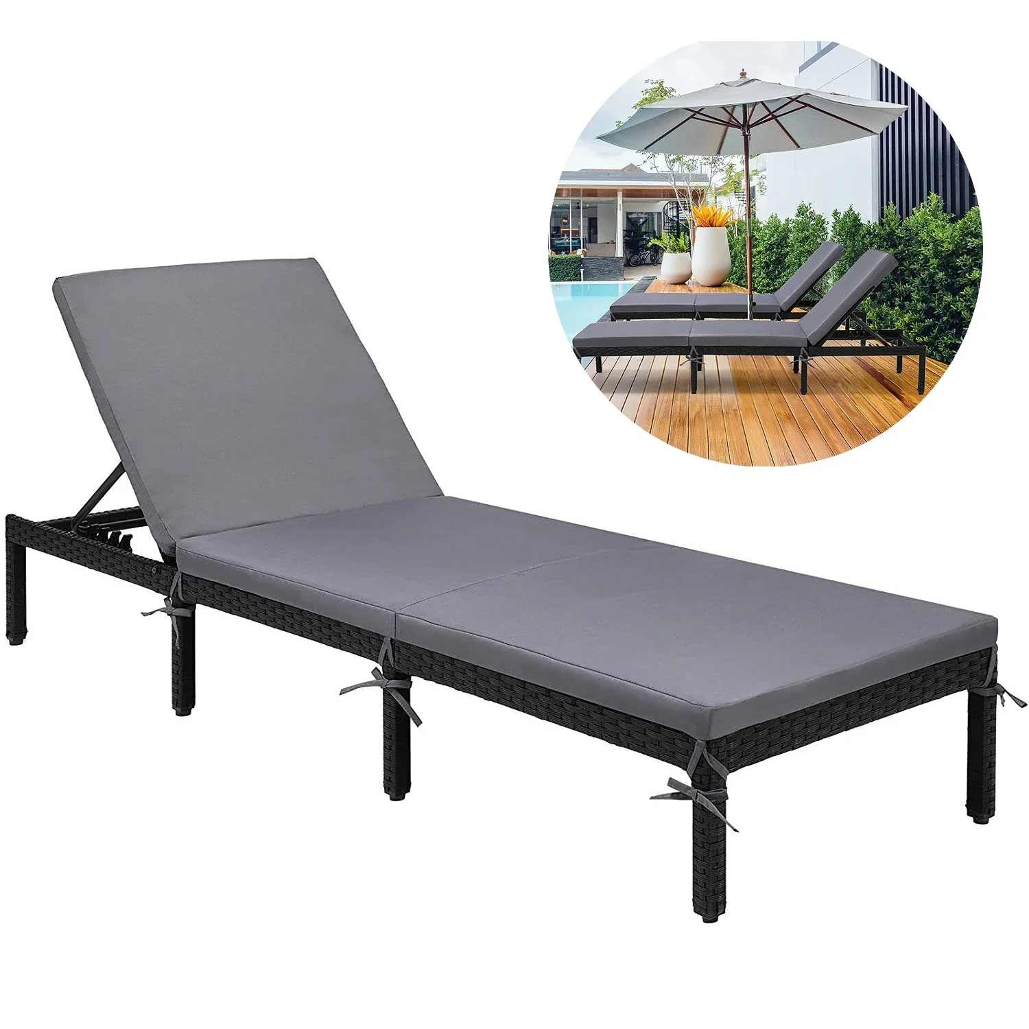 Patio Lounge Chair with Thickened Cushion, PE Rattan Steel Frame Pool Lounge Chairs for Patio Backyard Porch Garden Poolside