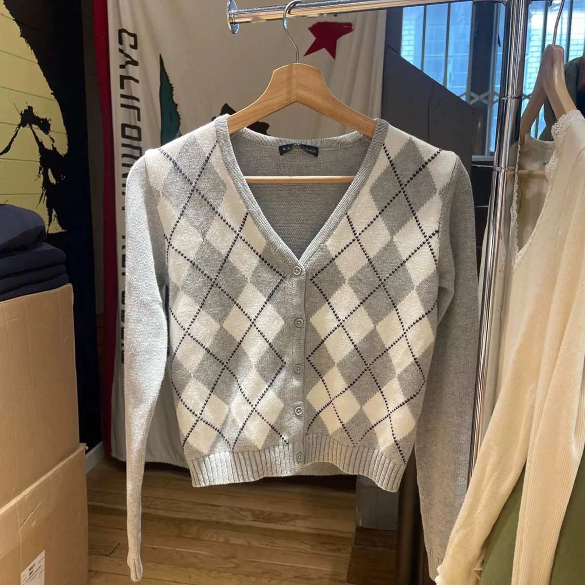 Spring V-neck Cotton Button Sweater Tops Vintage Sweet Preppy Style Cardigans Y2k Gray Argyle Slim Short Cardigan Sweater Women