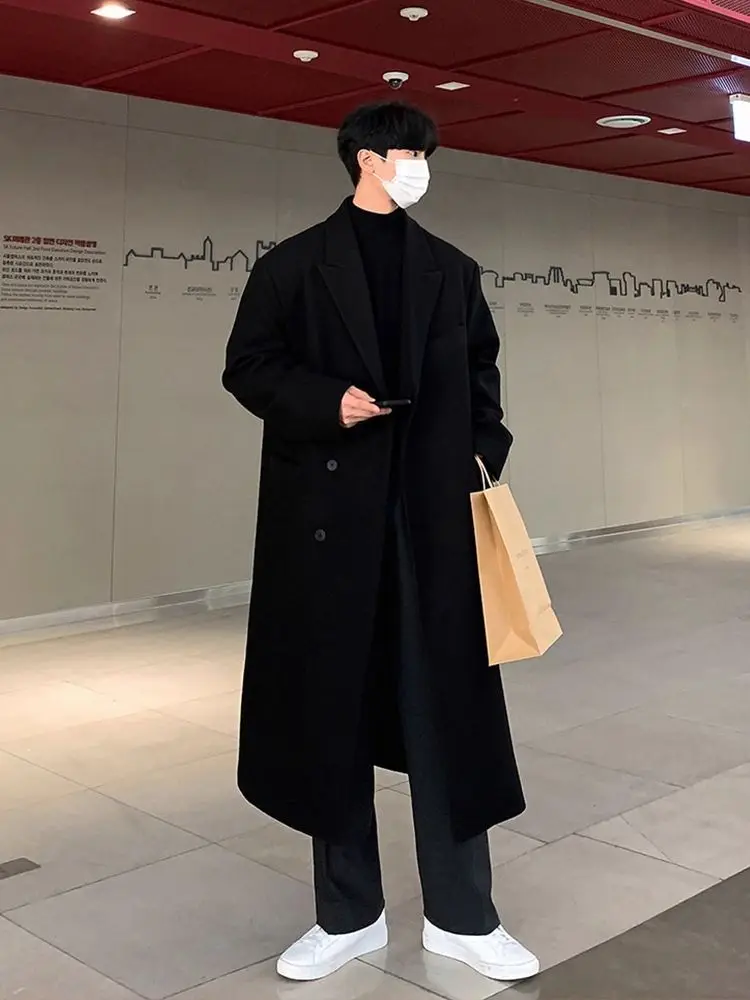 

Мужское длинное пальто из шерстяной смеси в японском минималистичном стиле, с воротником-стойкой, однотонное, базовое, модное, в корейском стиле, классическое, в стиле K-pop Ulzzang, приталенное