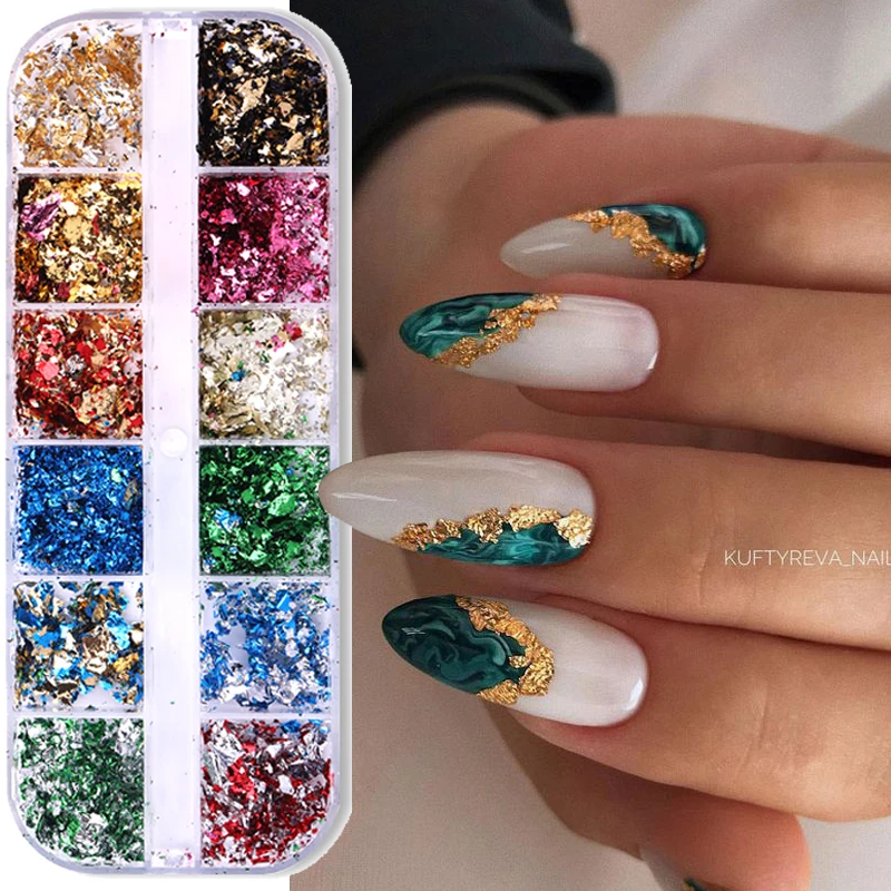 12 Color Gold Foils Gorgeous Nails Glitter Random Aluminum Flakes Paillette Chip Nail Design Shinny Sparkles Nail Art Decoration