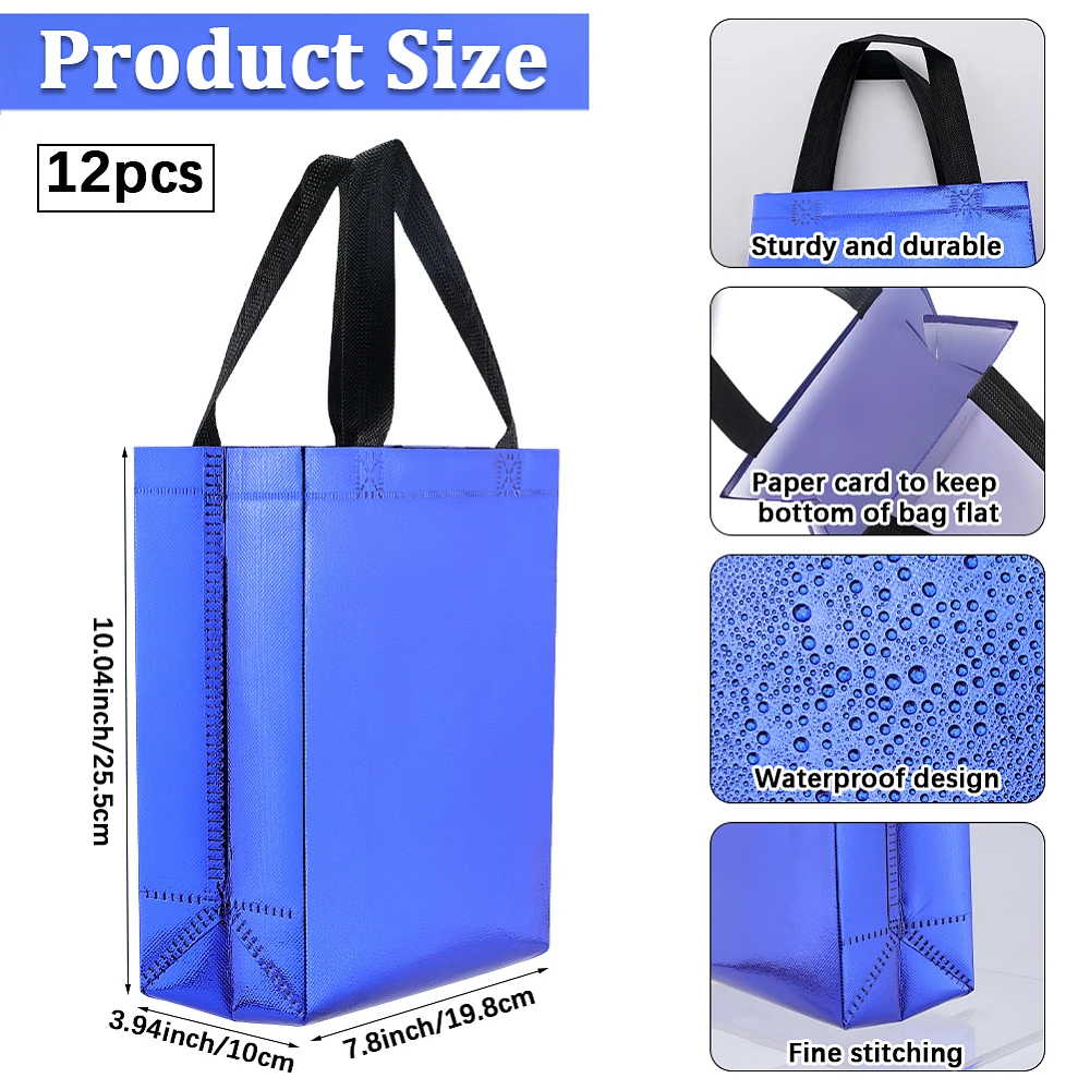 12Pcs 10 x 7.8 x 4 inch Iridescent Gift Bags Reusable Tote Gift Bag with Handle Non-woven Fabric Waterproof Glossy Finish