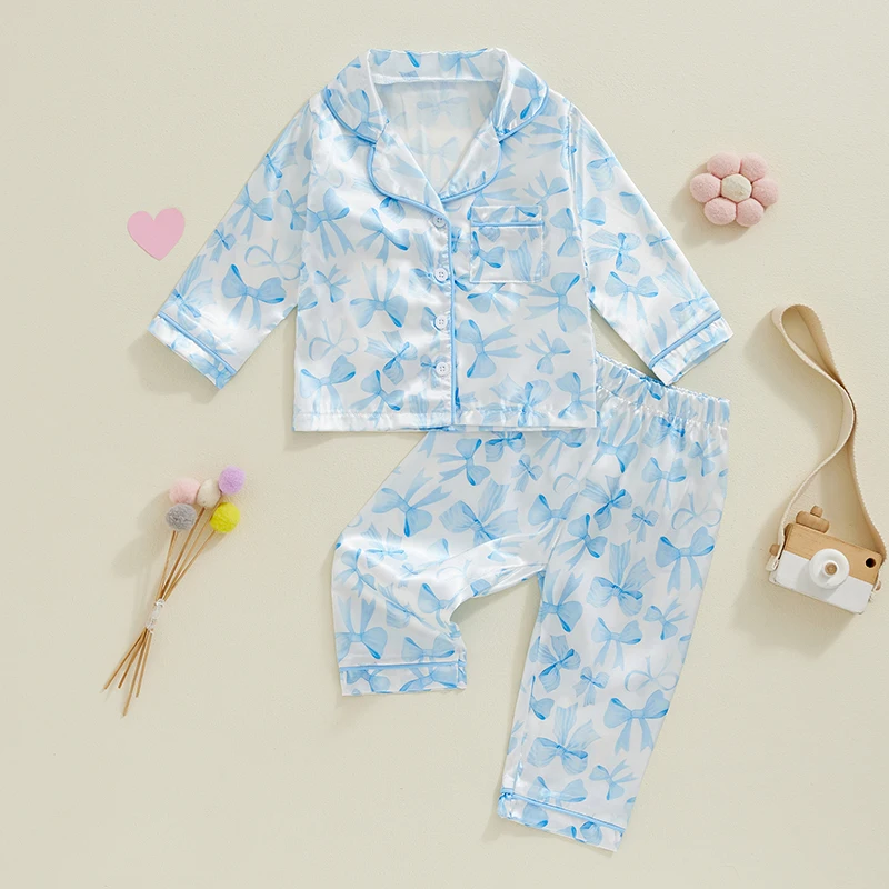 Toddler Girl Satin Pajama Set Bow Print Long Sleeve Button Down Tops Elastic Waist Pants Loose Autumn 2 Piece Set