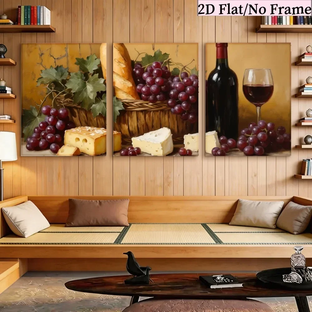2D Flat, 2D Flat, 3pcs 2D Flat Still Life Paintings with Themes of Wine, Cheese, And Grapes, Perfect for Decorating a Living