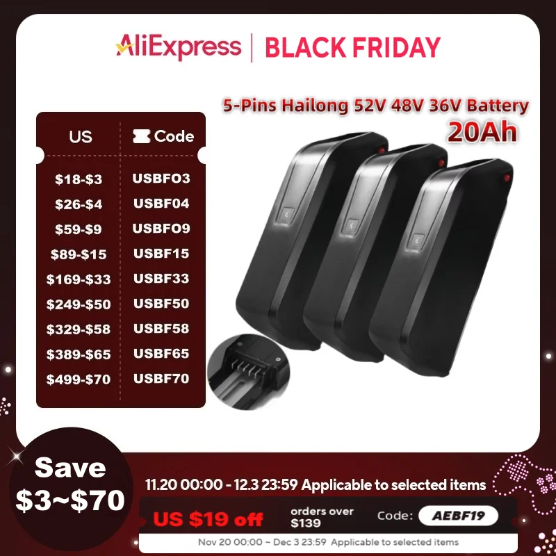 

5-Pins Hailong EBike Battery 36V 48V 52V 20Ah Mountain Bicycle 18650 21700 Electric Bateria Pack for Bafang 1500W 1000W 750W