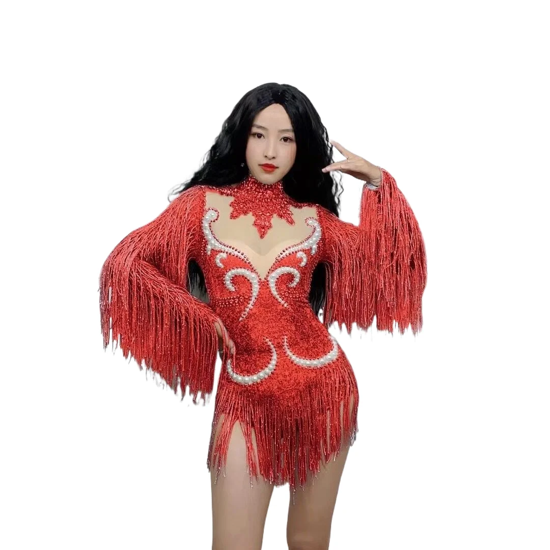 

Red Tassel High collarSleeve Fringe Bodysuit Evening Dress Drag Queen Club Party Birthday Special Ocassion Sexy costume rave