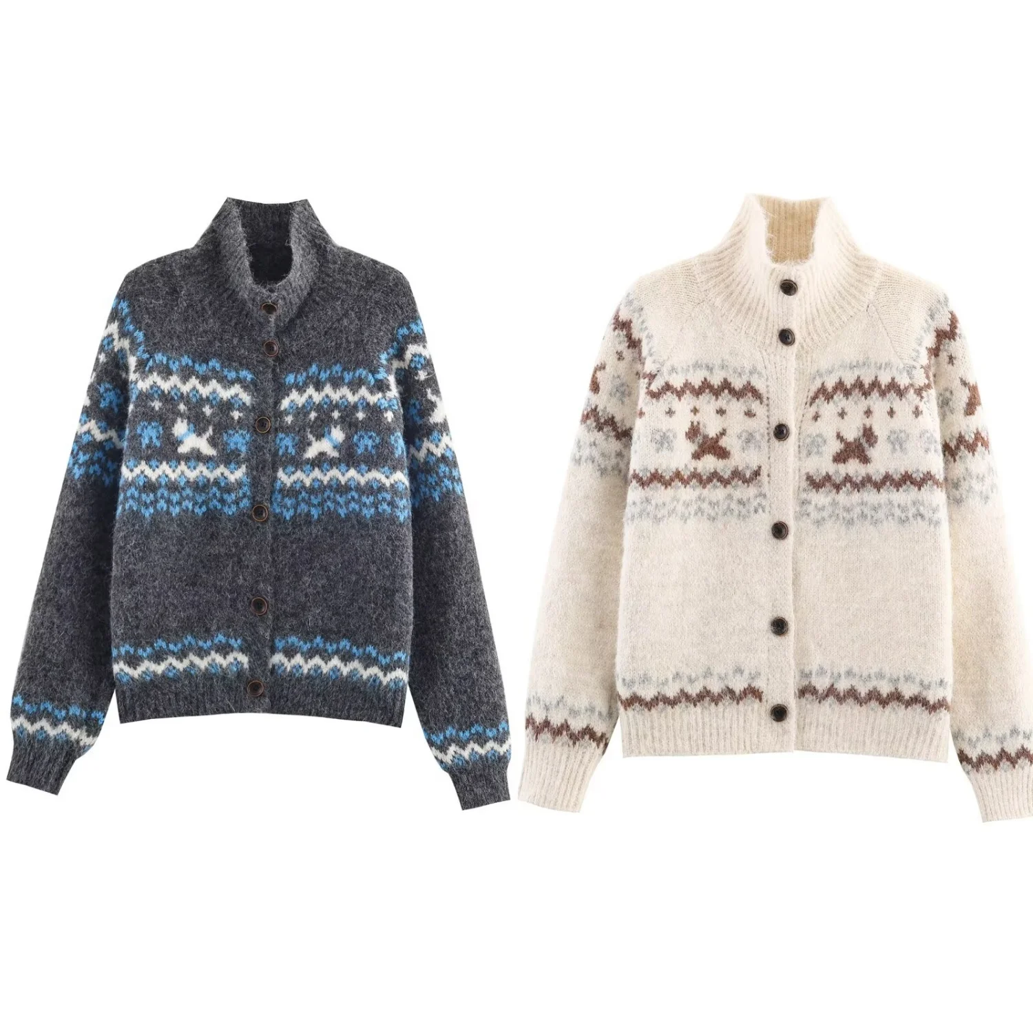 

British Women Jacquard Knitted Coat Soft Sweater Lady Cardigans Female Stand Up Collar Long Sleeve Cardigan Casual Sweaters