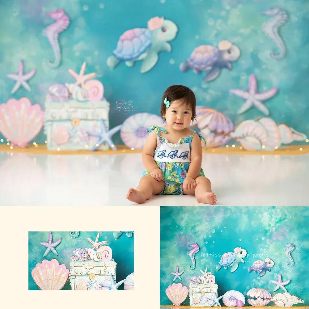 

Sea Turtle Treasures Backdrop Kids Baby Photography Child Adult Photocall Birthday Cake Smash Props Undersea Mermaid Background