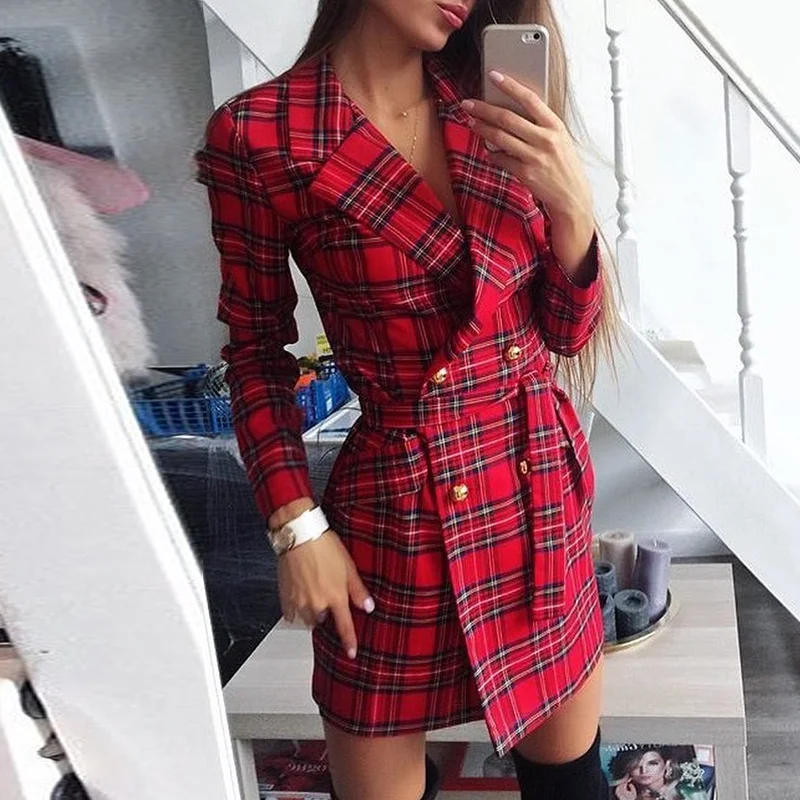 Vestido de negocios de manga larga para mujer, Blazer rojo con cierre de cintura, estampado a cuadros, Sexy, con cuello en V, de cintura alta