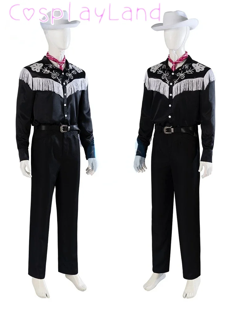أزياء ريان جوسلينج كين التأثيرية للرجال بدلة سوداء مع قبعة رعاة البقر البيضاء ملابس الهالوين 2023 زي الفيلم لحفلات أعياد الميلاد