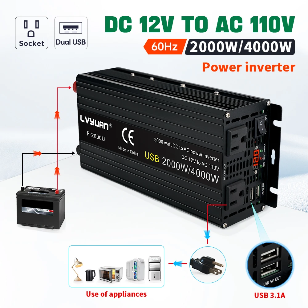 2000W/4000W Power Inverter DC12V AC110V LED Display Smart Fans Converter 60Hz DC-AC Voltage Inverter For Caravan/Camping