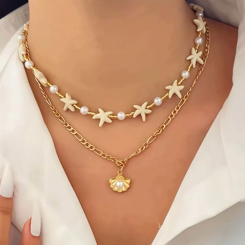 

Bohemian vacation style rice Zhuhai star necklace women's handmade bead shell pendant layered accessories