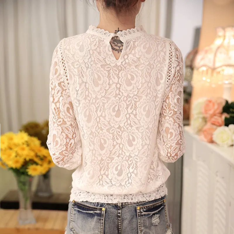 Spring Autumn New Ladies White Blusas Women\'s Long Sleeve Chiffon Lace Crochet Tops Blouses Women Clothing Feminine Blouse 51C