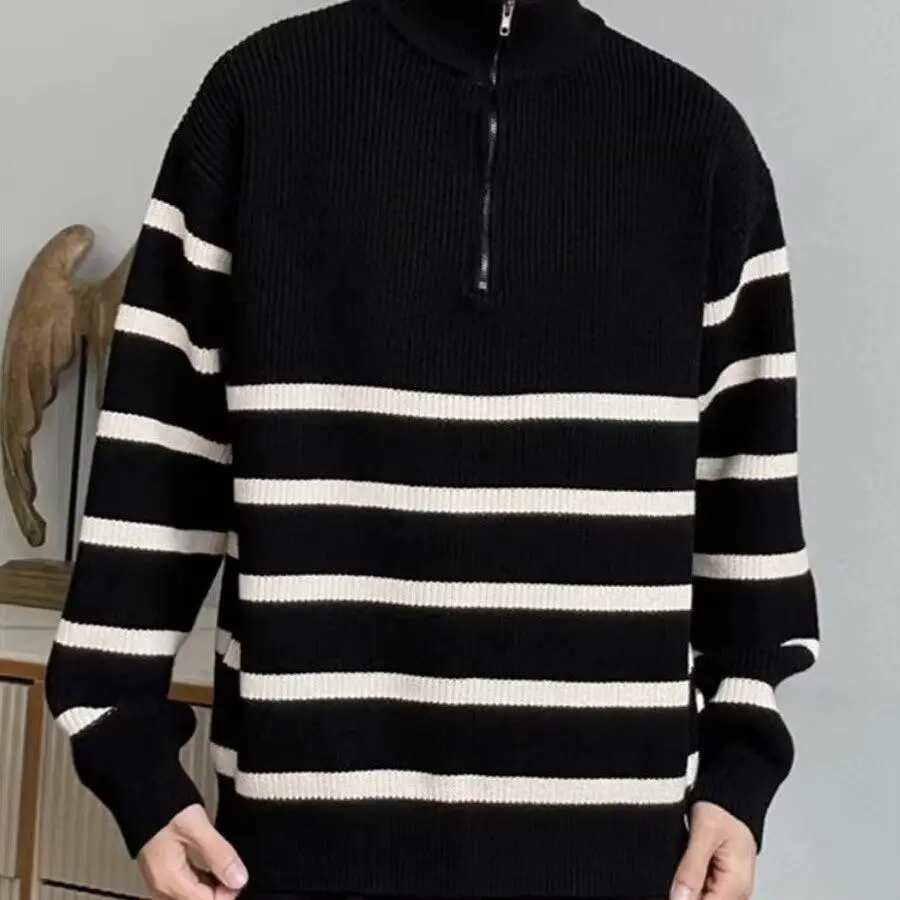 

Мужской вязаный свитер на молнии Ne, повседневный полосатый узор с высокой молнией, осенне-зимний теплый топ из полиэфирного волокна