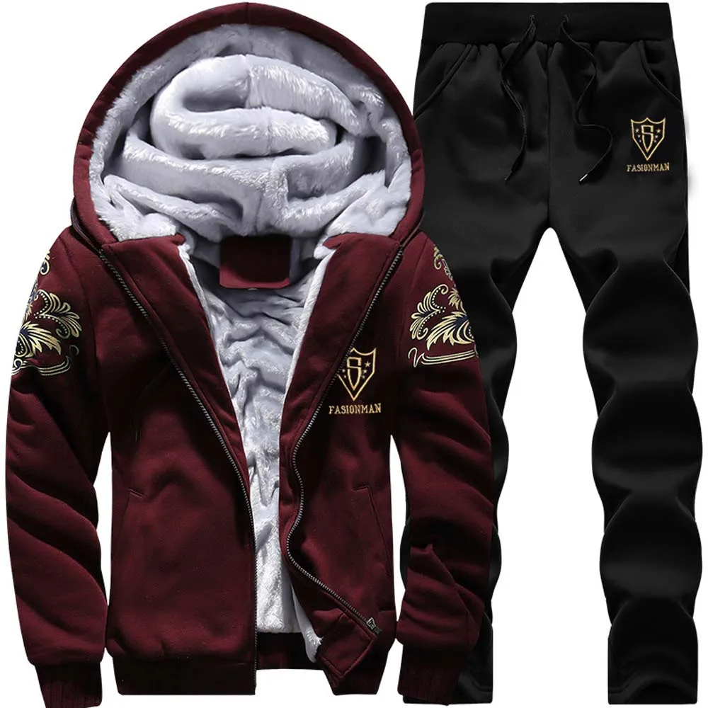 Men\'s Winter Thick Fleece Sports Suit Tracksuit Hooded Zipper Jackets Woolen Trousers Pants Casual Men Set