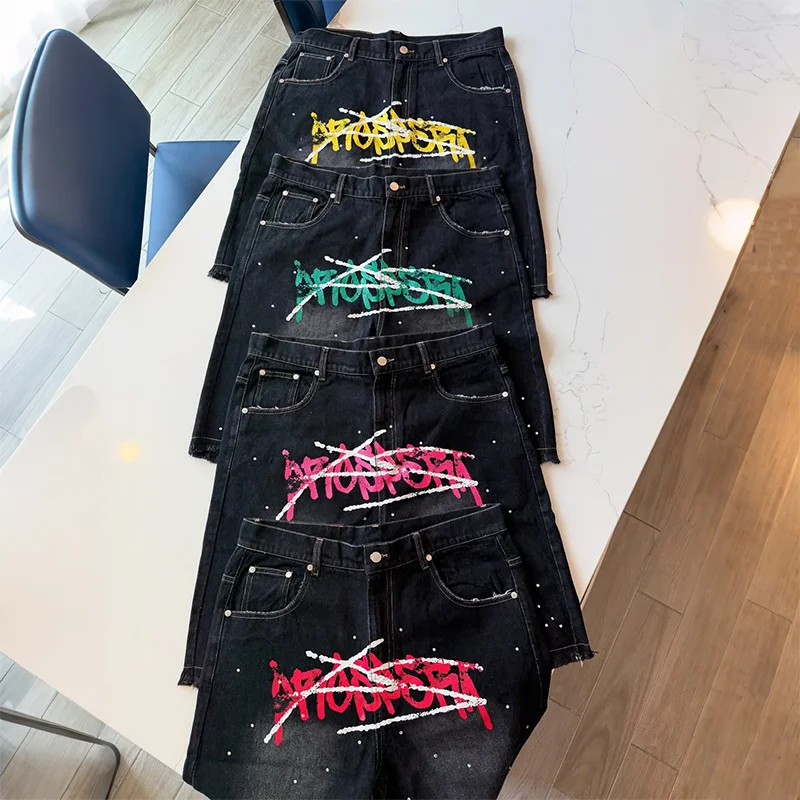 

Y2K винтажные потертые джинсы в стиле граффити с текстовым принтом, повседневные модные джинсовые шорты, трендовые мужские и женские потертые уличные шорты в стиле хип-хоп