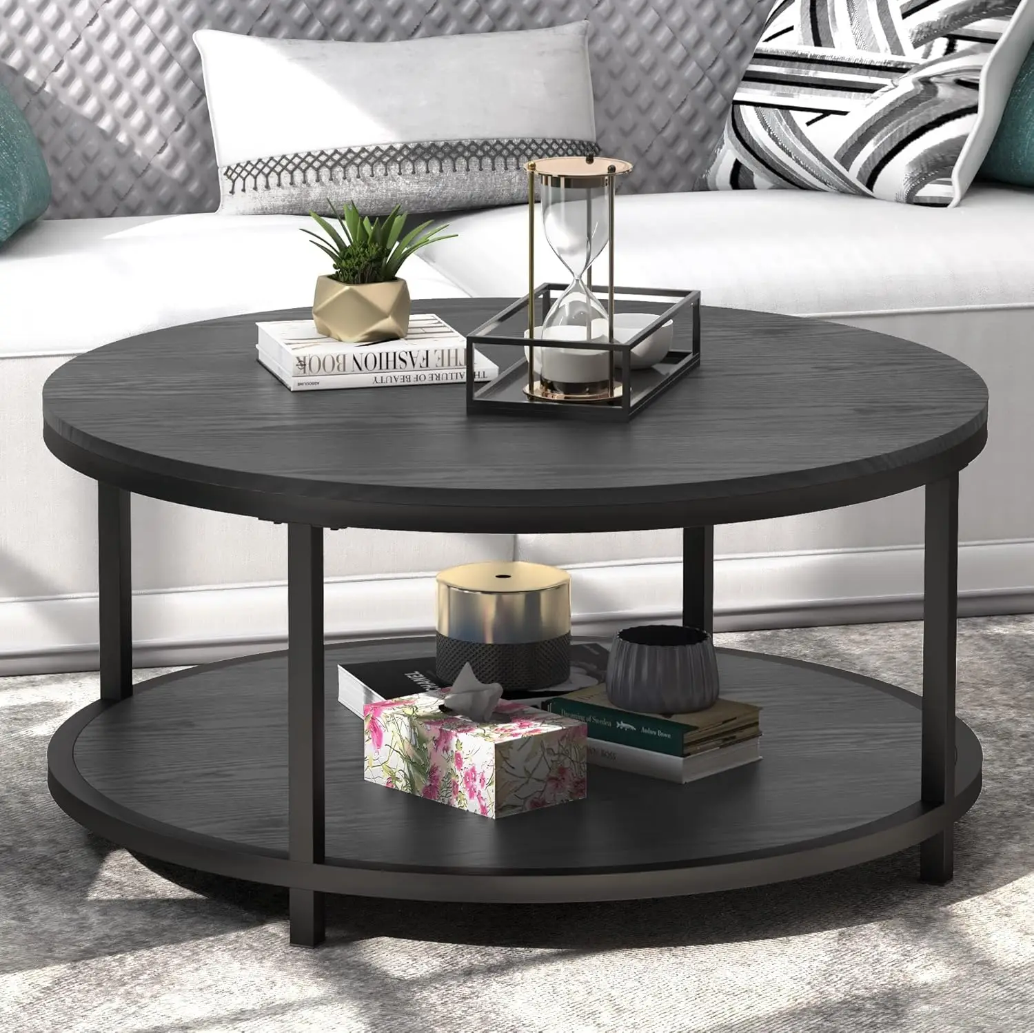 

Rustic Industrial 35.8" Round Coffee Table with Storage Shelf and Sturdy Metal Legs Easy Assembly Imitation Wood Grain Surface