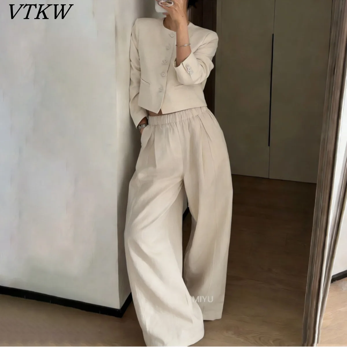 

VTKW 2026 New Arrival Women Two Piece Pants Set Cropped Jacket Crew Neck Linen Blend High Waist Pleated Wide Leg Trousers Outfit