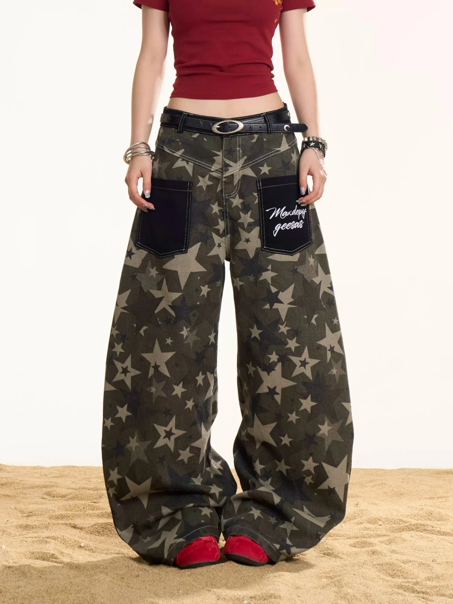 American Retro Camouflage Wide Leg Pants Women Summer Loose Workwear Style Big Pocket Patchwork Casual Jeans Micro Flare