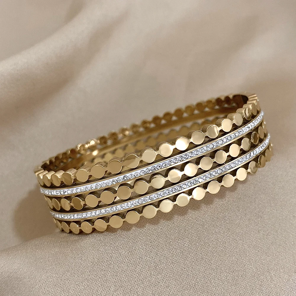 Fashion Layered Inlaid Rhinestone Stainless Steel Bangle For Women Unique Design Gold Silver Color Bracelets Bangles Waterproof