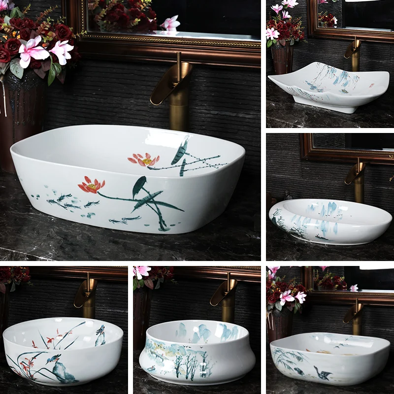 Chinese Europe Vintage Style Art wash basin Ceramic Counter Top Wash Basin Bathroom Sinks blue and white flower wash basin