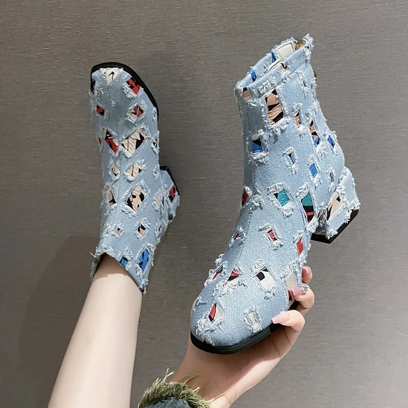 2026 Autumn and Winter New Heightened Rear Zipper Fashion Rags Booties Women's Non-slip Fashion Round Toe Block Heel Shoes