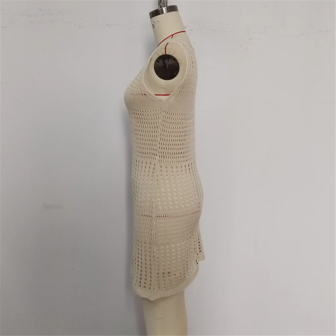 3-farbiges, ärmelloses, ausgeschnittenes, gehäkeltes, gestricktes Tunika-Strandkleid, Strandkleidung, Strandmode, Strand-Cover-up, Damen, V6489 – Detail 11