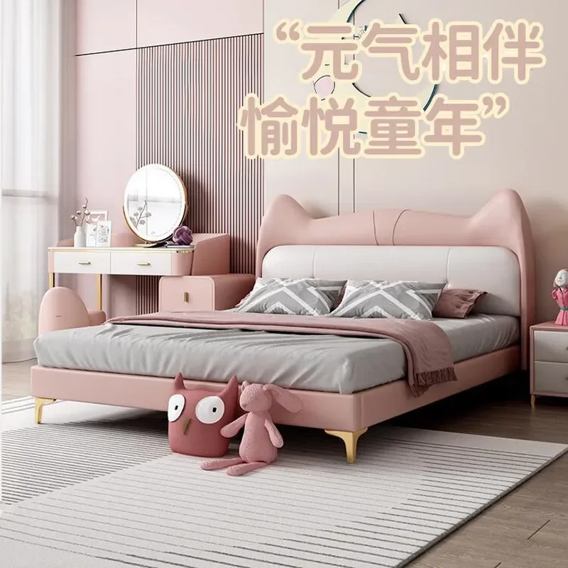 for Children Bed Boy Cartoon Cat Leather Bed Princess Girl  Sheet Double Solid Wood Pink Leather  for Children