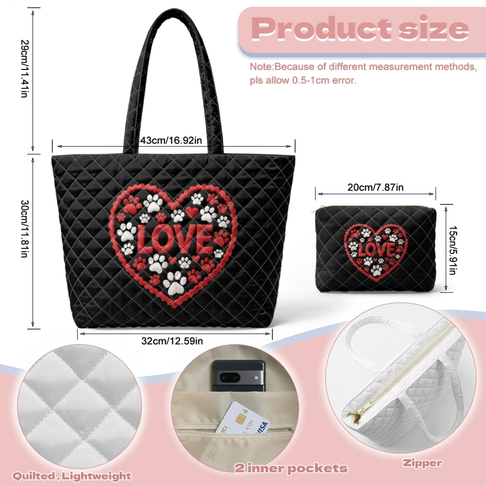 Coloranimal Skull Rose 2 Pieces Embroidered Purses and Handbags Set for Commuter Inner Pockets for