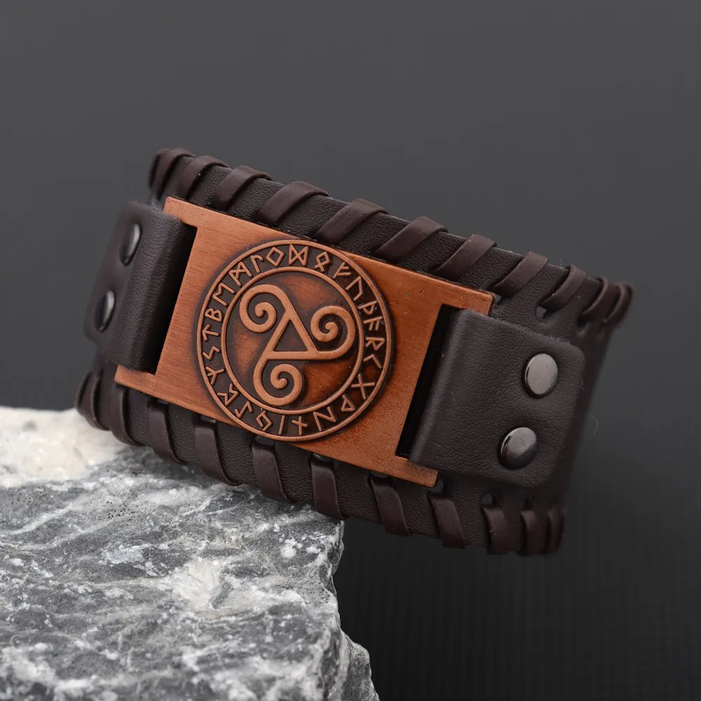 Novo retro de couro largo nórdico runa de odi pulseira masculina celta viking salomão padrão pulseira acessórios presentes festa