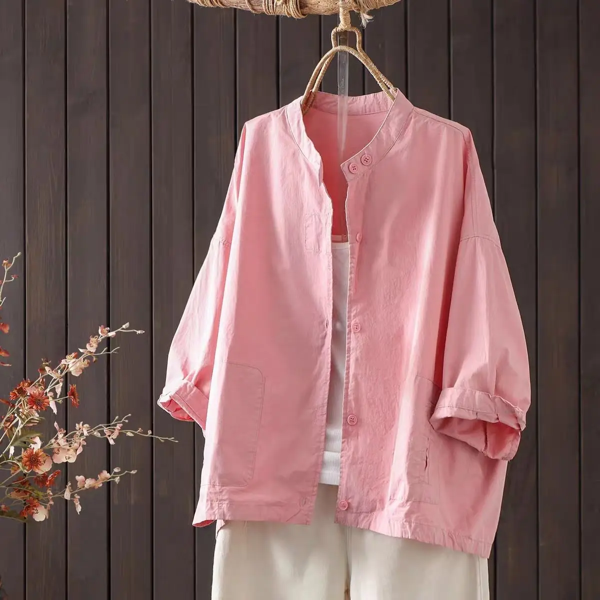 

Spring and Summer New Women's Shirt Loose Stand Up Collar Casual Top
