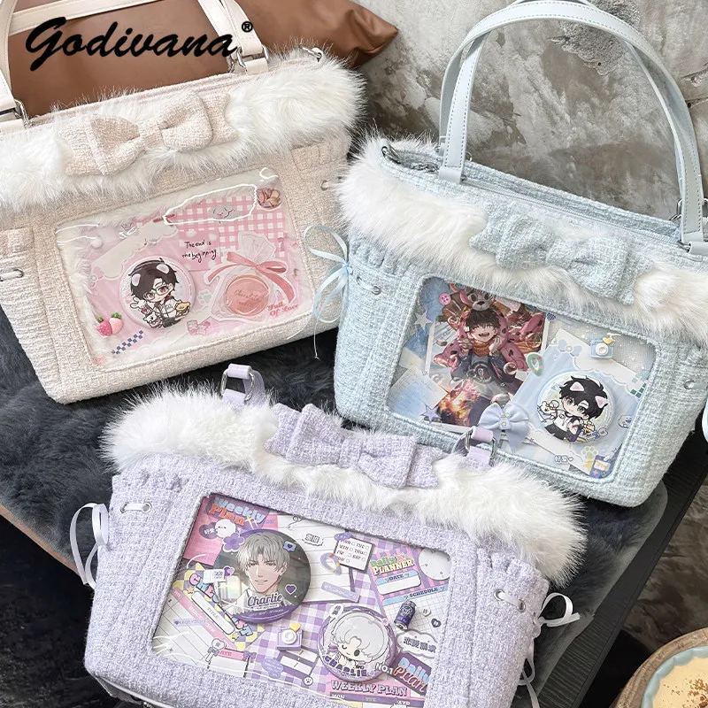 Original Cute Handbag Furry Bow Women's Elegant Square Crossbody Bag Portable Totes Handbags