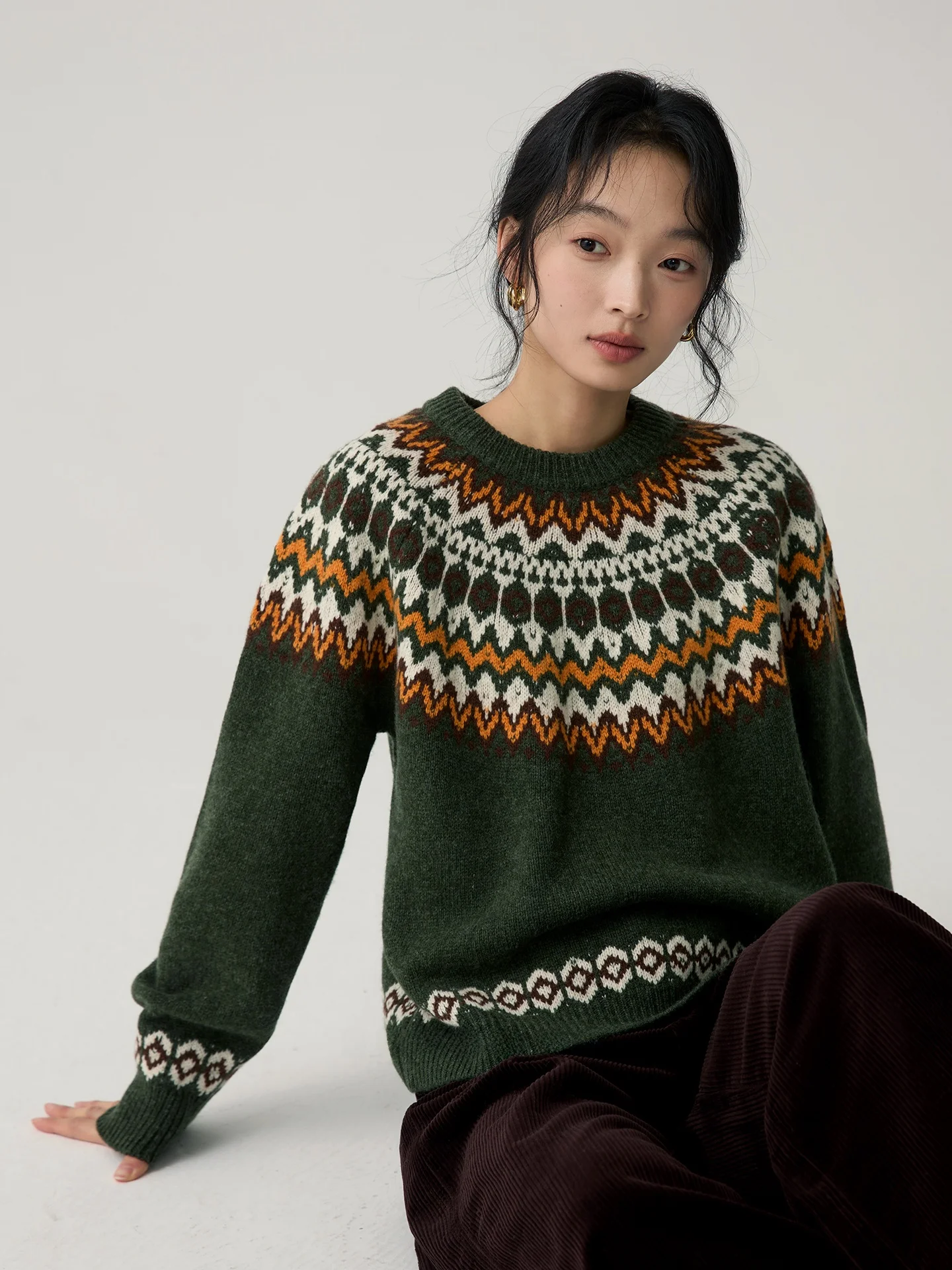 

Supmwos Fair Isle Knitted Sweater Women's Vintage Color Blo round Ne Woolen Coat Thi Warm Long Sve Winter Outerwear